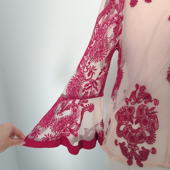 MinkPink Burgundy Red & Pink Paisley Sheer Embroidered Bell 3/4-Sleeve Top - Picture 6 of 8
